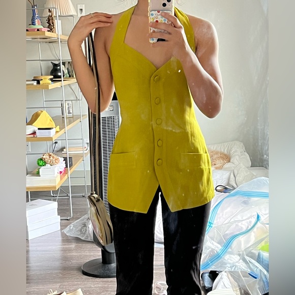 SOLD Vintage Donna Karan Halter neck Vest Medium Silk Chartreuse - Picture 4 of 13